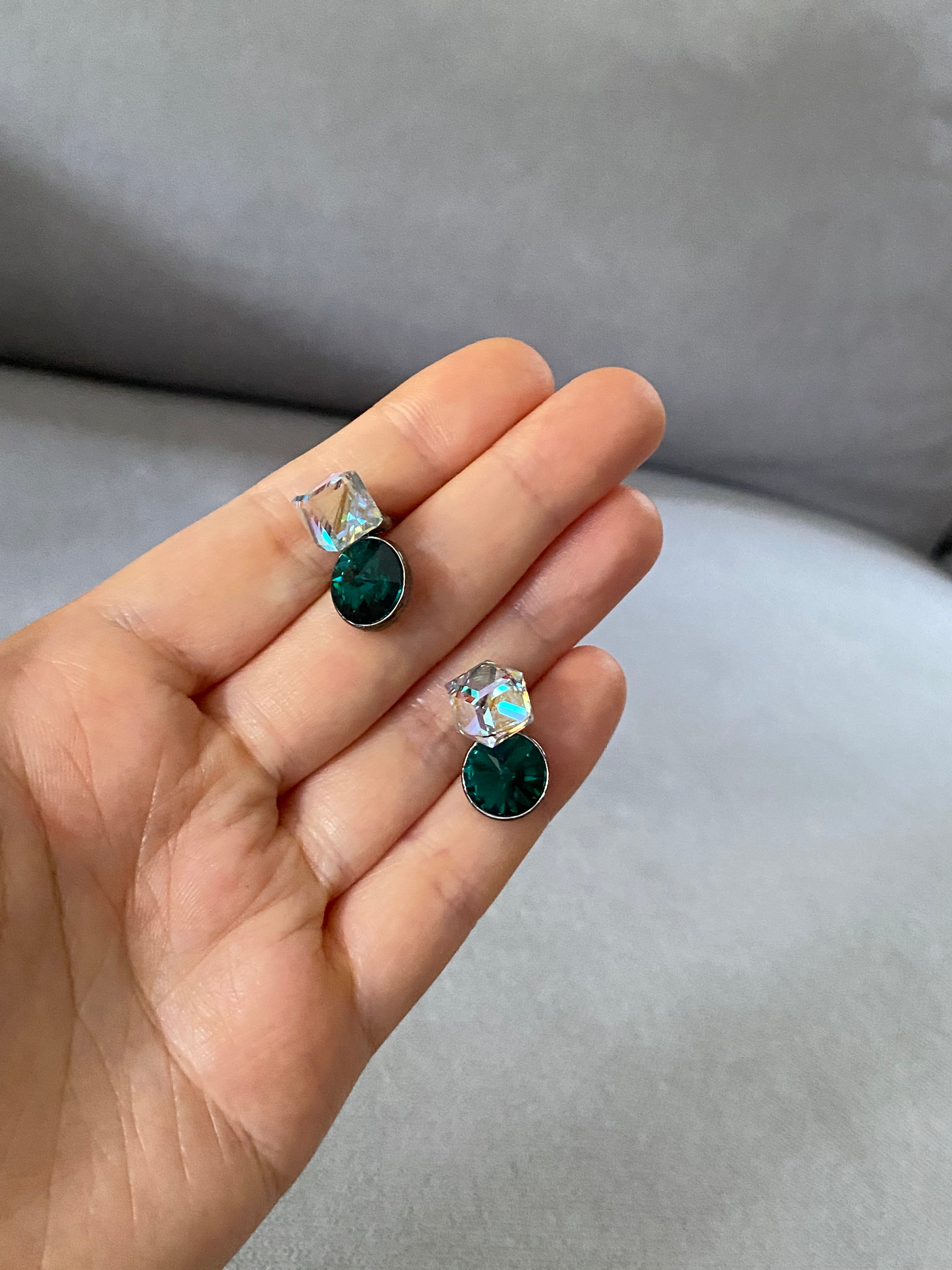 Swarovski AB Cube & Emerald Drop Earrings