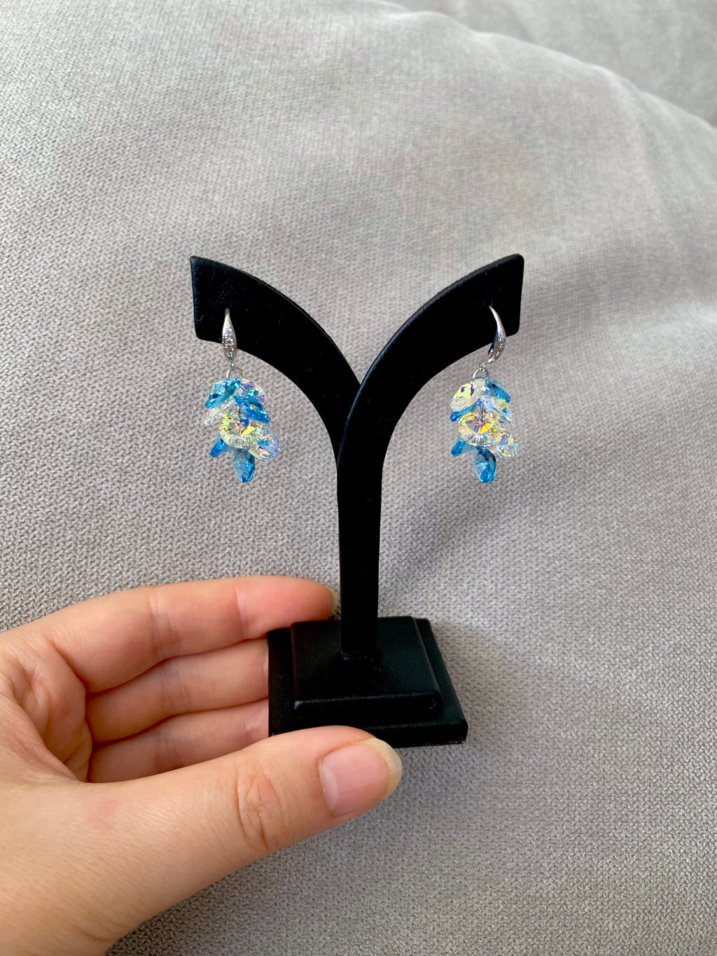 Swarovski Teardrop Cluster Earrings – Aurora Borealis & Blue