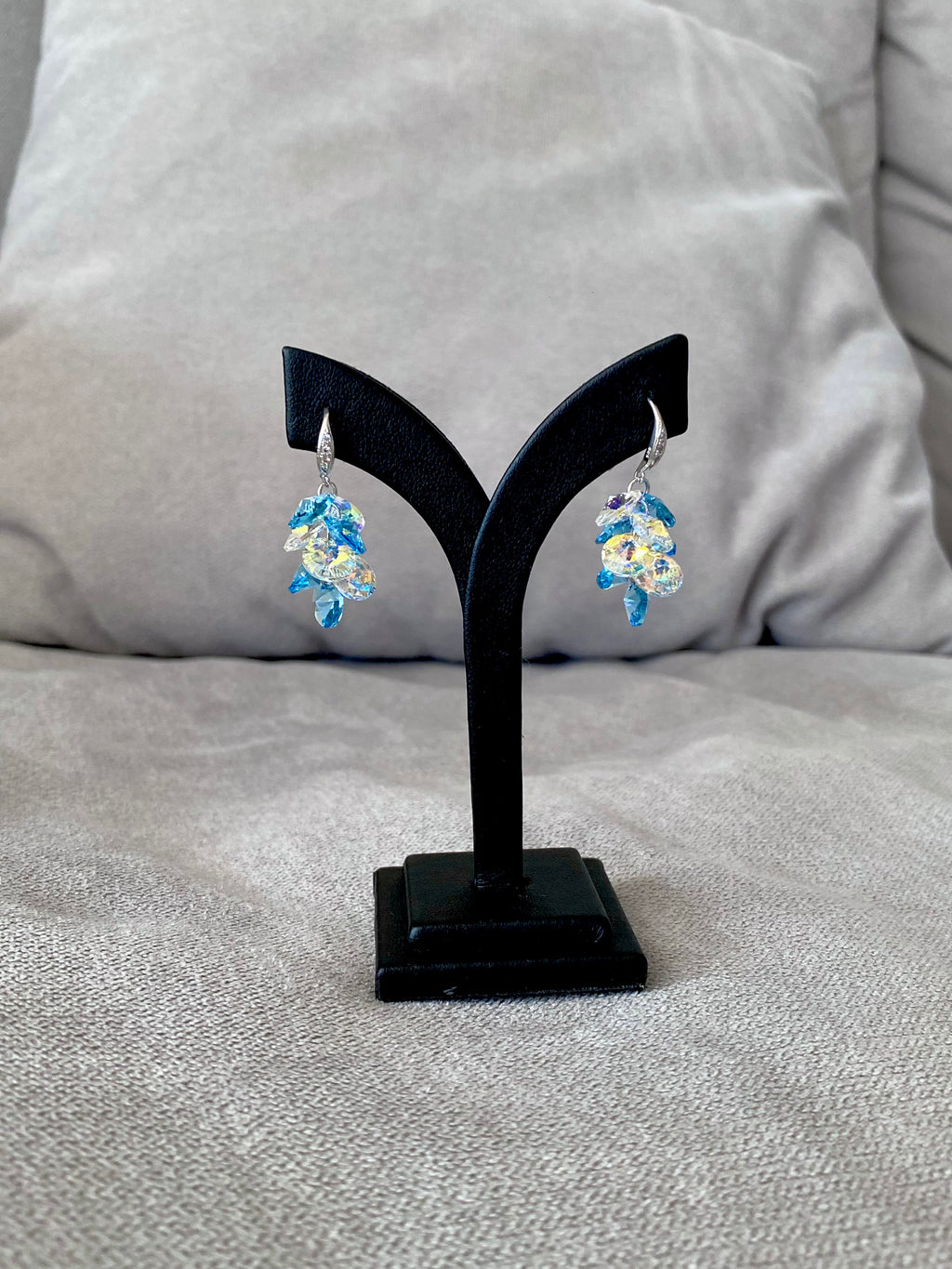 Swarovski Teardrop Cluster Earrings – Aurora Borealis & Blue