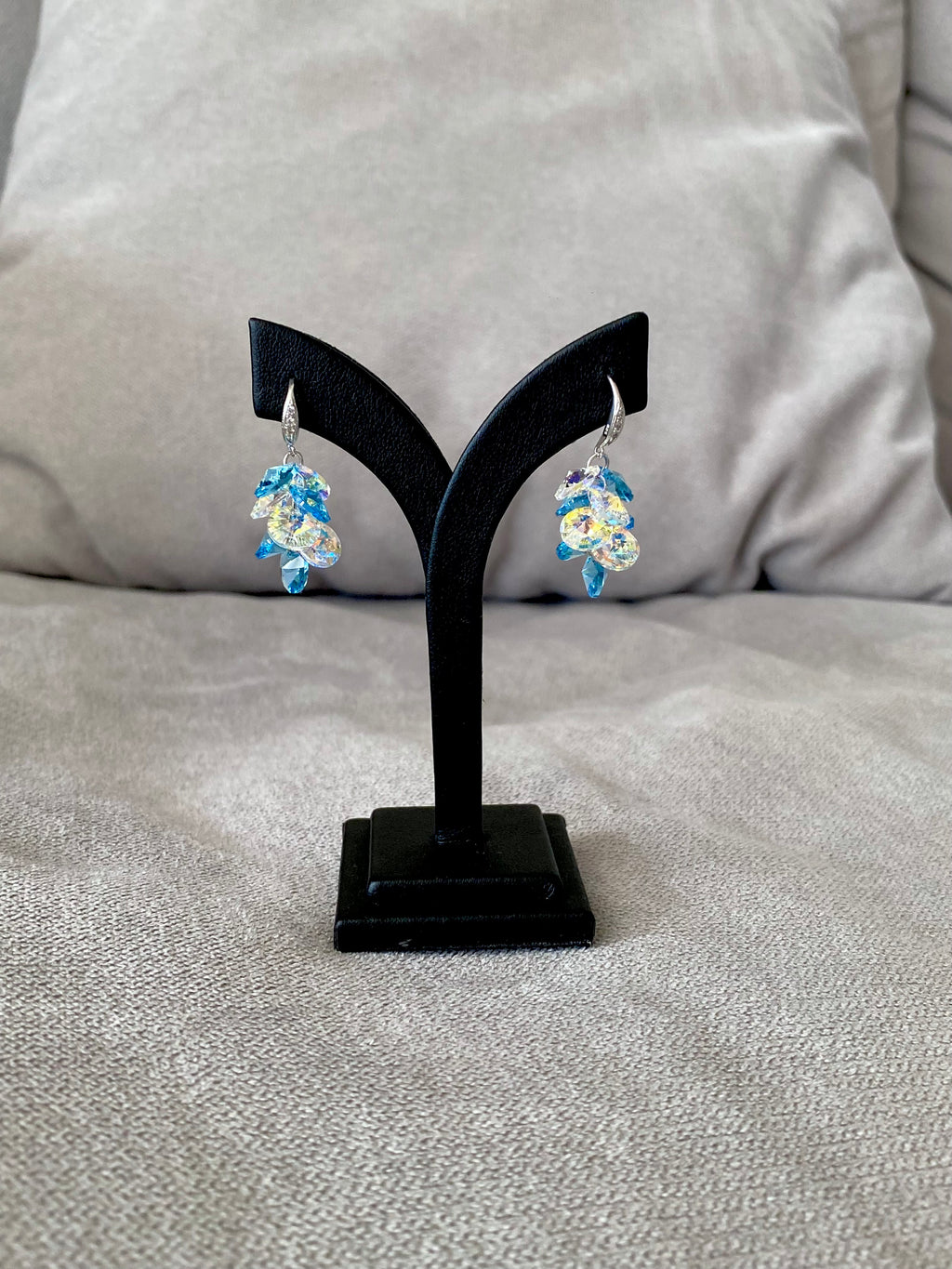 Swarovski Teardrop Cluster Earrings – Aurora Borealis & Blue