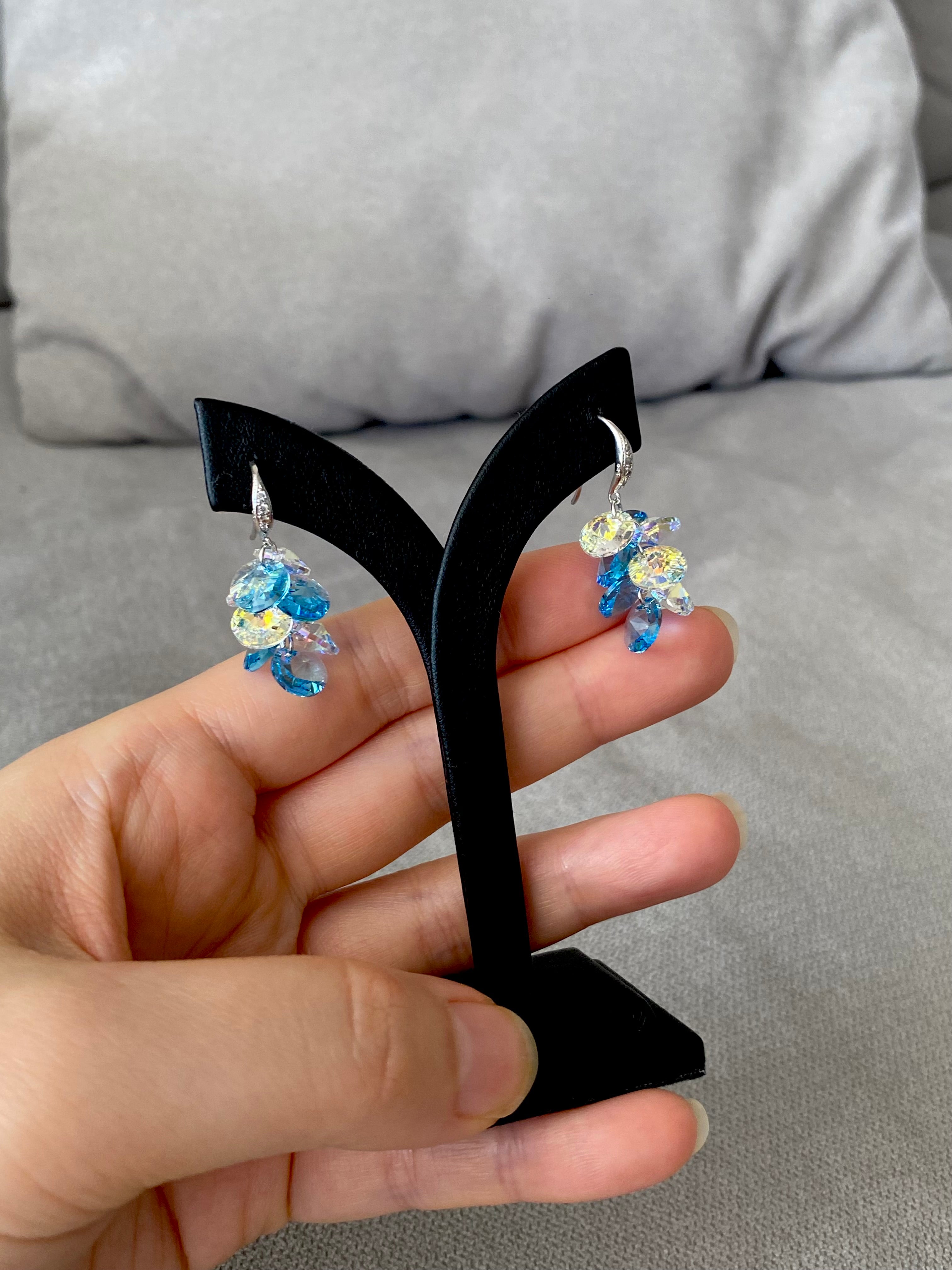 Swarovski Teardrop Cluster Earrings – Aurora Borealis & Blue