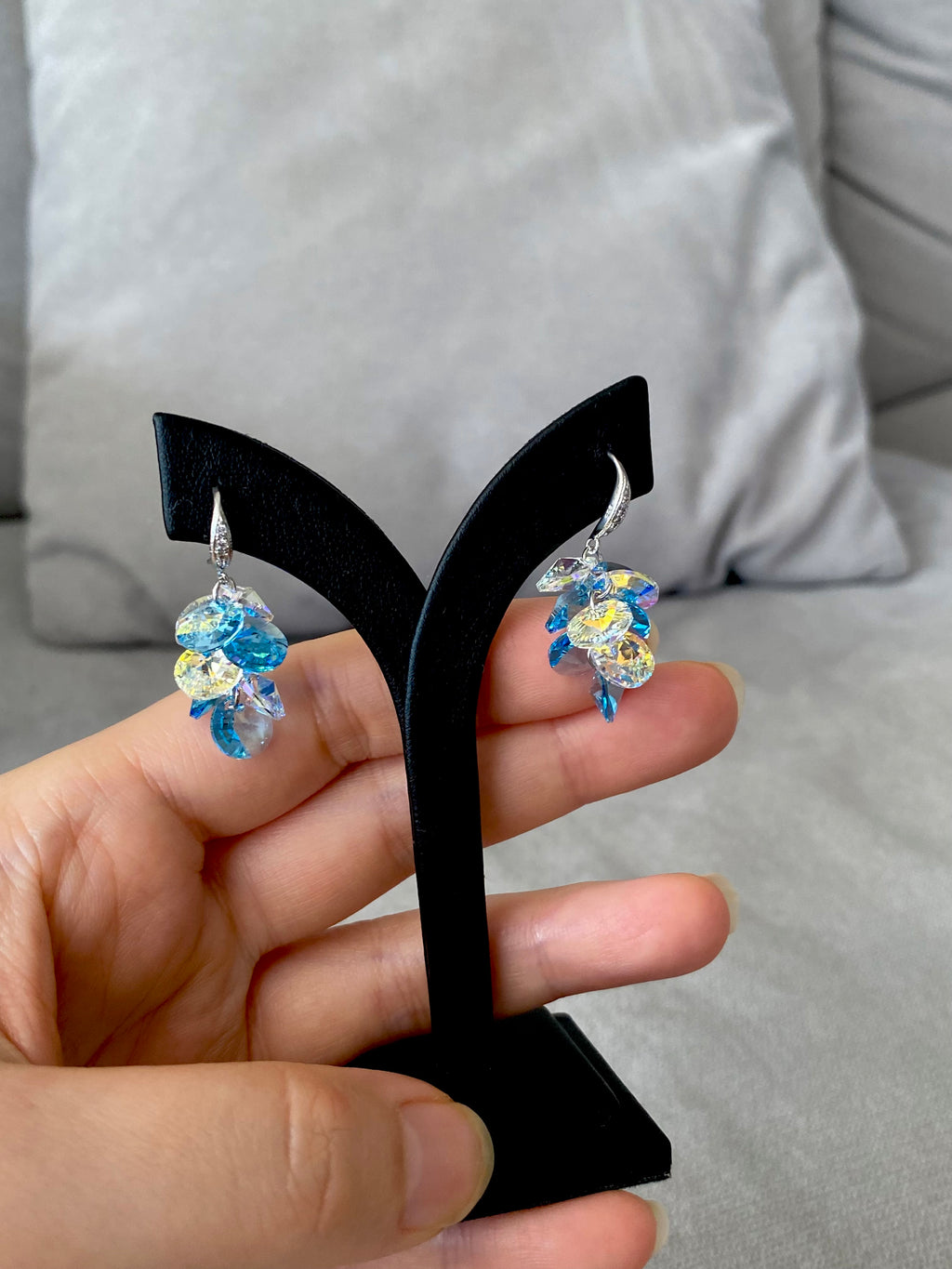 Swarovski Teardrop Cluster Earrings – Aurora Borealis & Blue