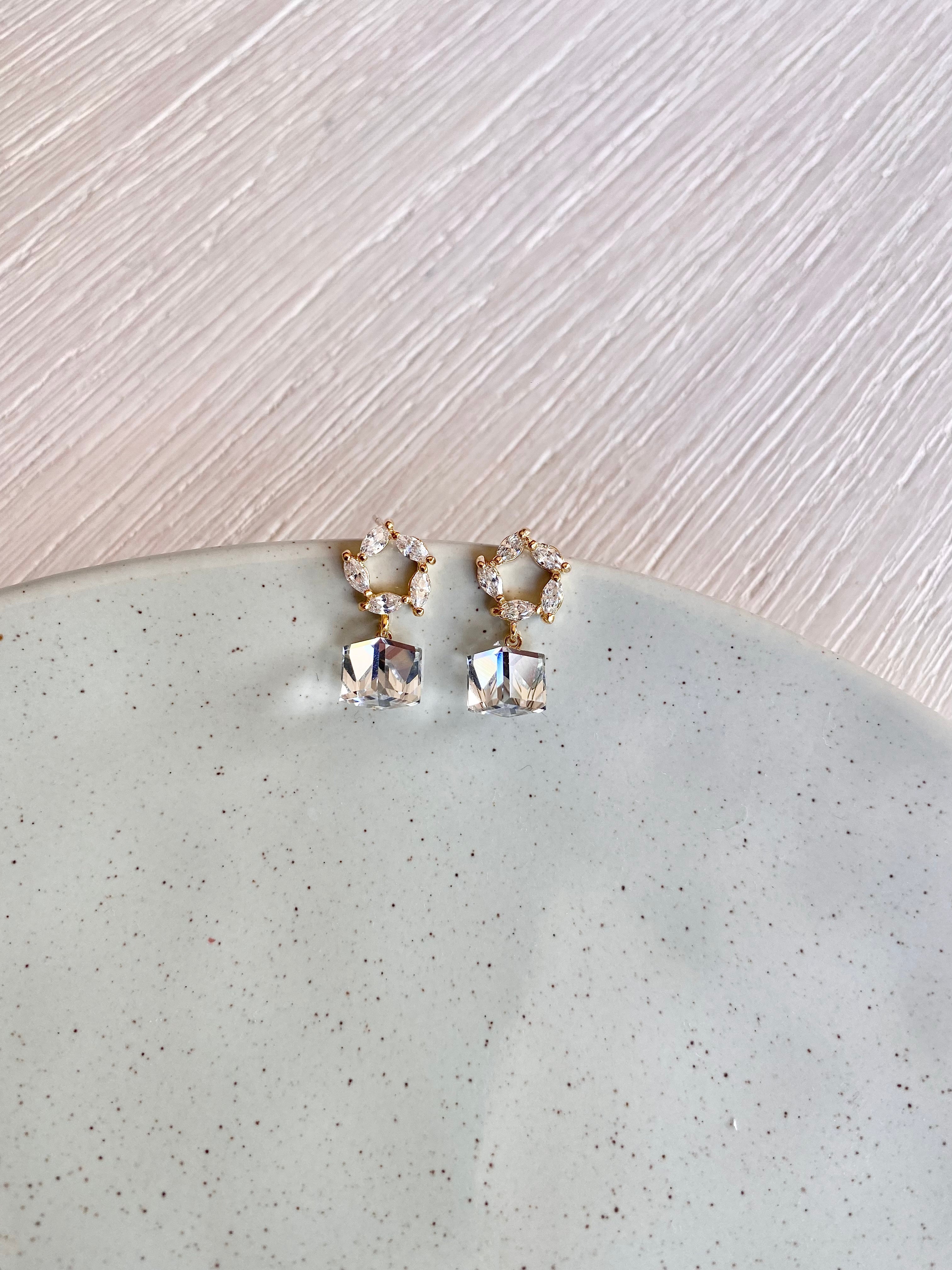 Swarovski Square Drop Earrings - Gold