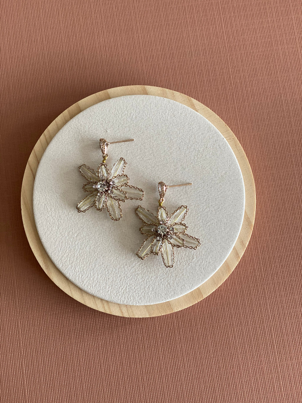 Floral Crystal Stud Drop Earrings - Champagne