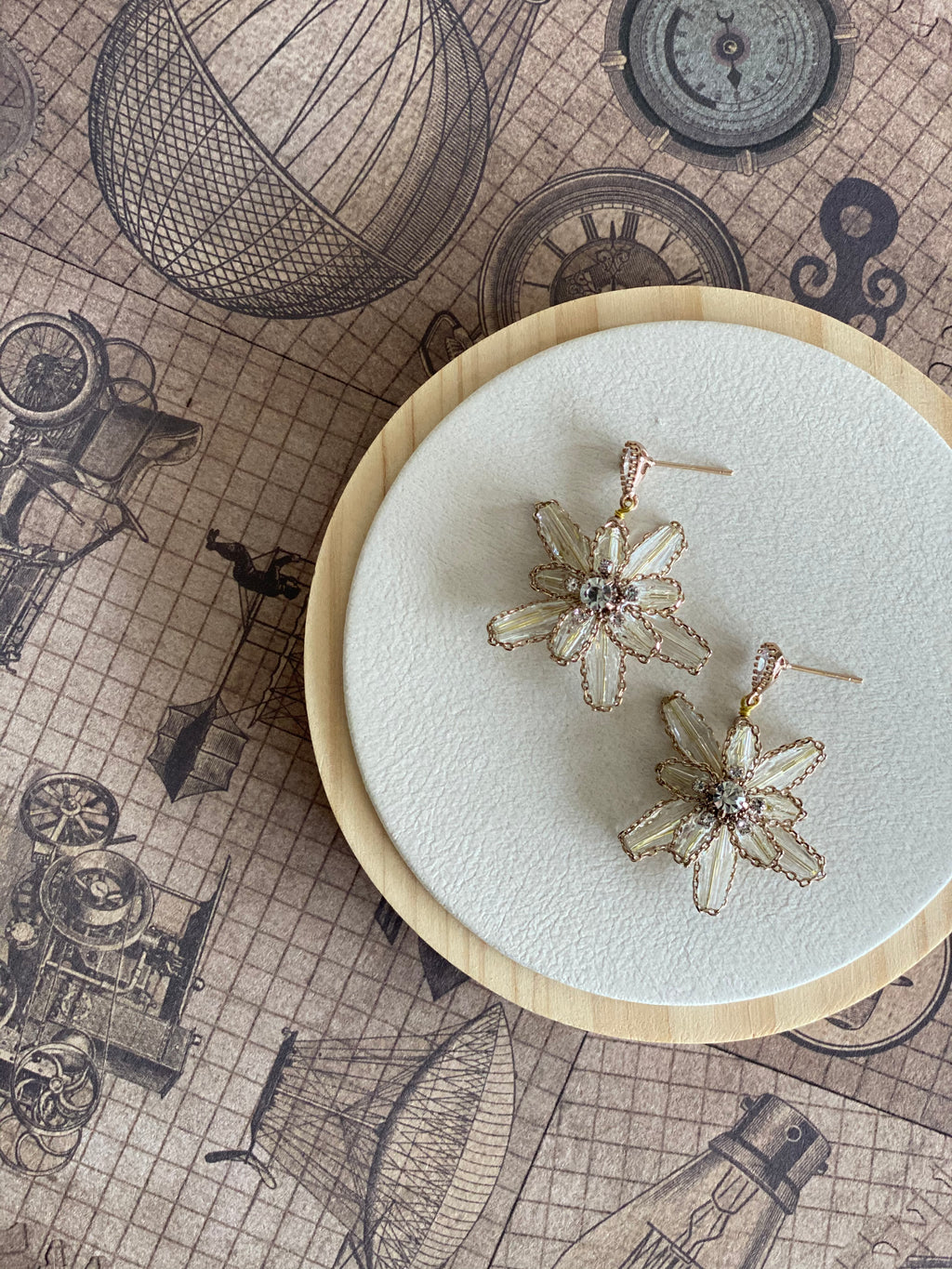 Floral Crystal Stud Drop Earrings - Champagne