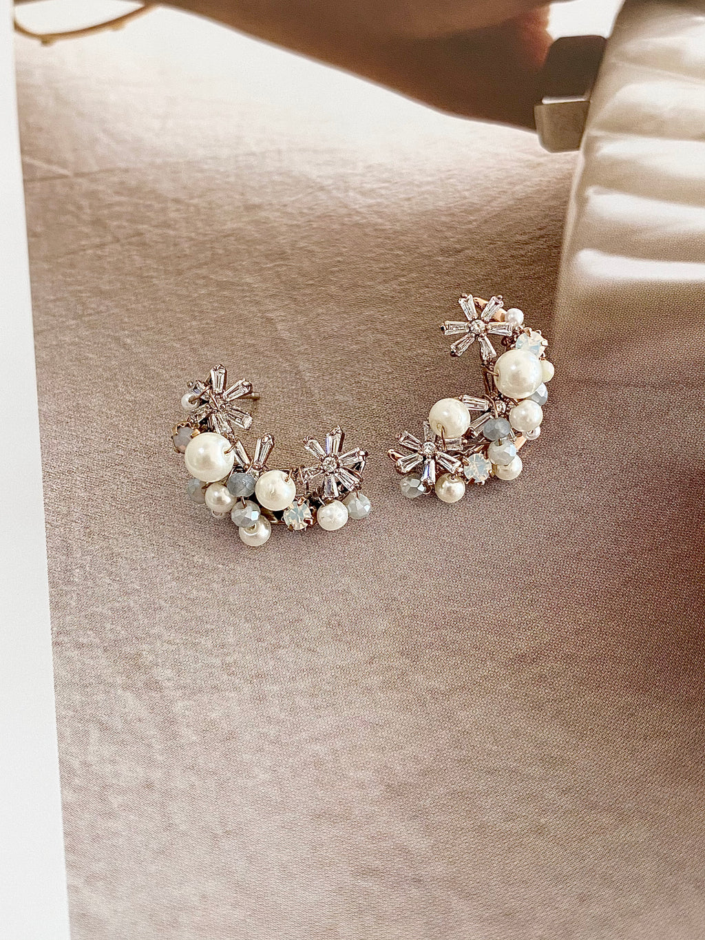 Pearl Floral Crescent Stud Earrings